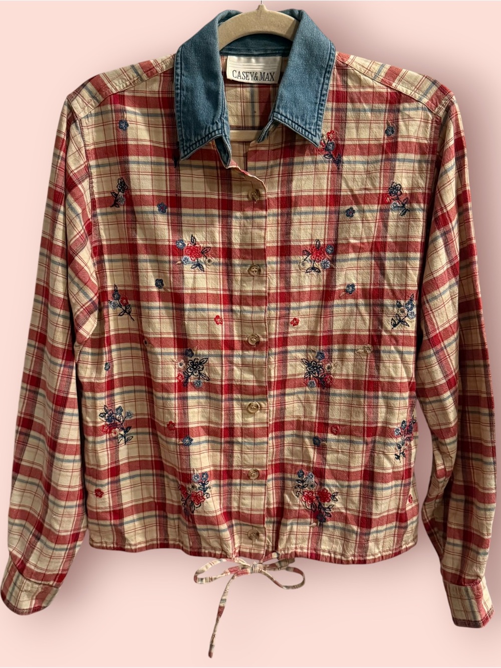 Vintage Casey & Max Plaid Floral Embroidered Denim Collar Shirt